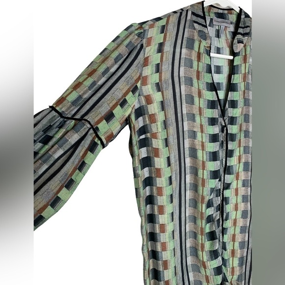 Anthropologie Lightweight Green Multi Color Checkered Long Sleeve Blouse - Picture 7 of 10
